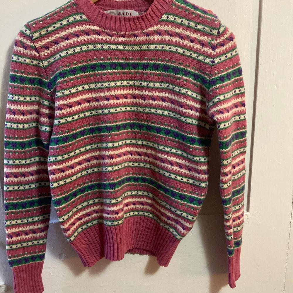 Jade Vintage Pink and Green Crewneck Sweater with Fair Isle Pattern